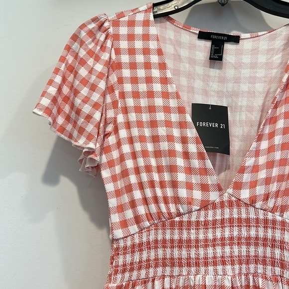 New Forever 21 salmon white gingham print short flutter sleeve mini dress small - Picture 3 of 5